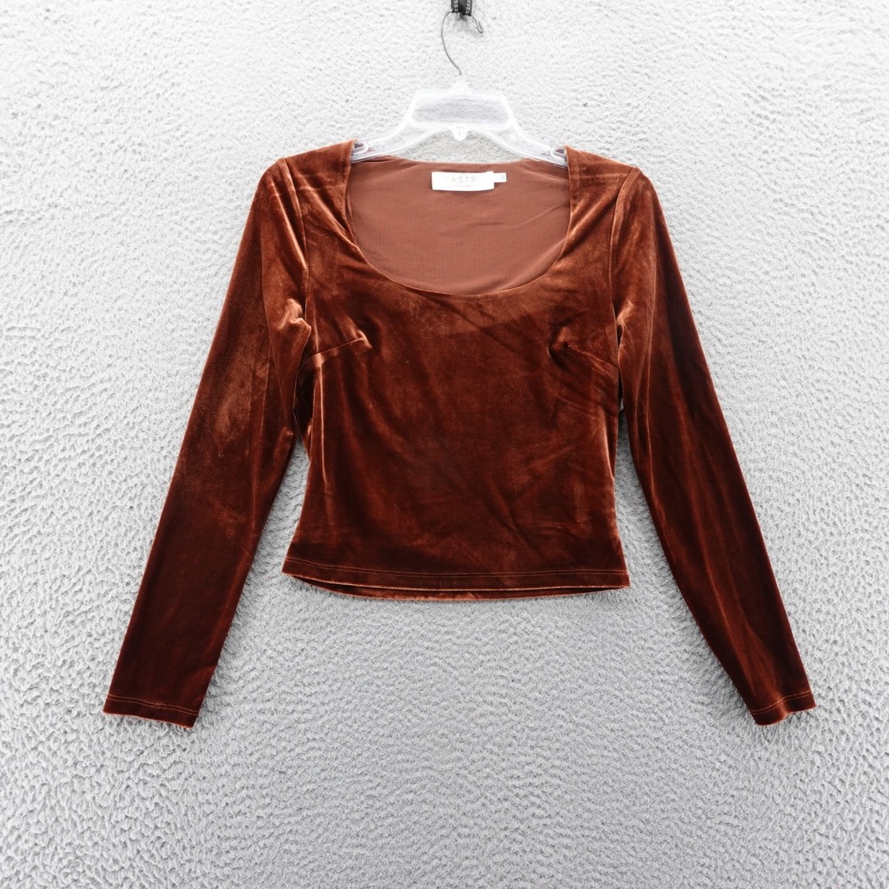 ASTR‎ The Label Velvet Scoop Neck Long Sleeve Crop Top Brown Small NEW